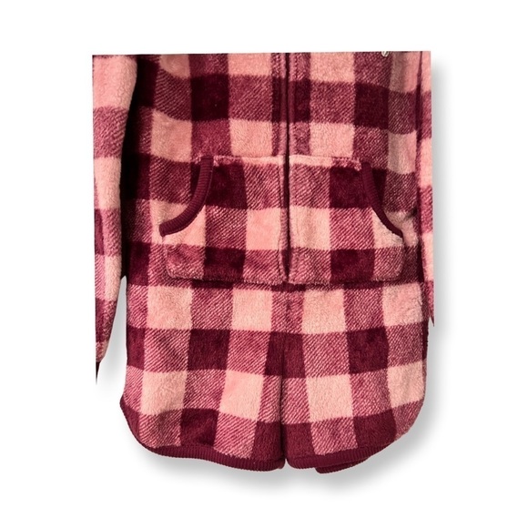 Justice Pajama Romper One-piece Checkered Maroon And Pink Feline Sleepy Size 8 - Picture 3 of 14